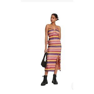 Wild Fable Womens Multicolor Halter Maxi Dress XS Back Tie Boho Crocheted Lined